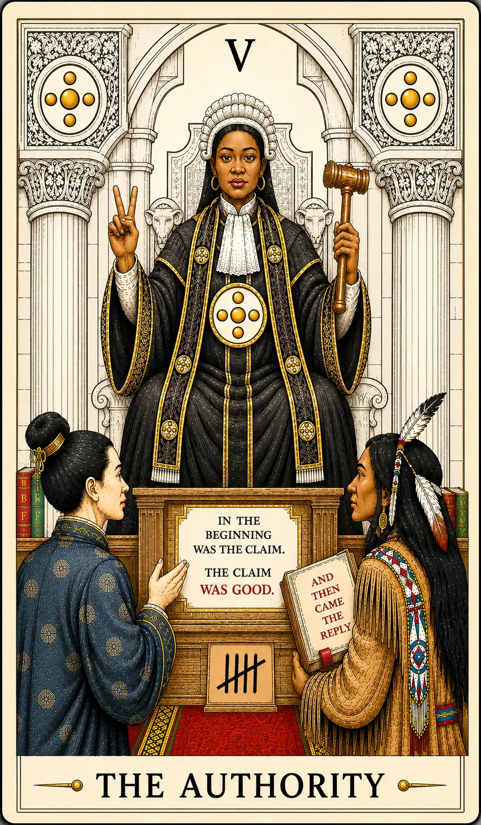 Card V, The Authority, showing a seated judicial figure.